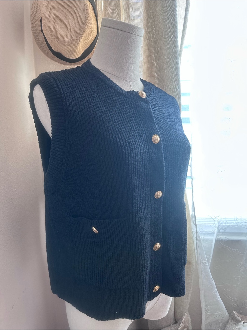 Zara Navy Sleeveless Button-Front Knit Vest with Gold Buttons